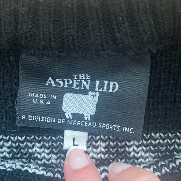 Vintage 80s Aspen Lid Blue Black White Nordic Acrylic Wool Knit Sweater sz Large - Picture 4 of 8